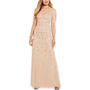 Adrianna Papell Womens Tan Embellished Formal Evening Dress Gown NWOT
